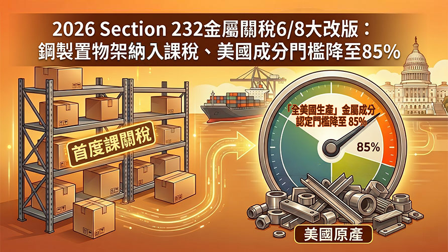 2026 Section 232金屬關稅6/8大改版：鋼製置物架納入課稅、美國成分門檻降至85%！
